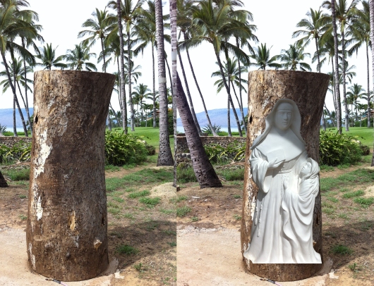 On the left is the Monkey Pod tree trunk that will become Dale's next statute. The image on the right  shows Dale's plaster study for Marianne superimposed over the tree trunk. The half-size plaster study is enlarged here to give an idea of what will emerge from the wood.
